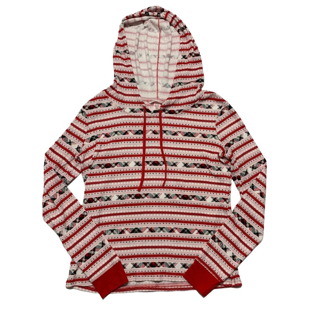 VICTORIA'S SECRET Pink Red Plaid Striped Long Sleeve Hoodie Pajama Top Small P